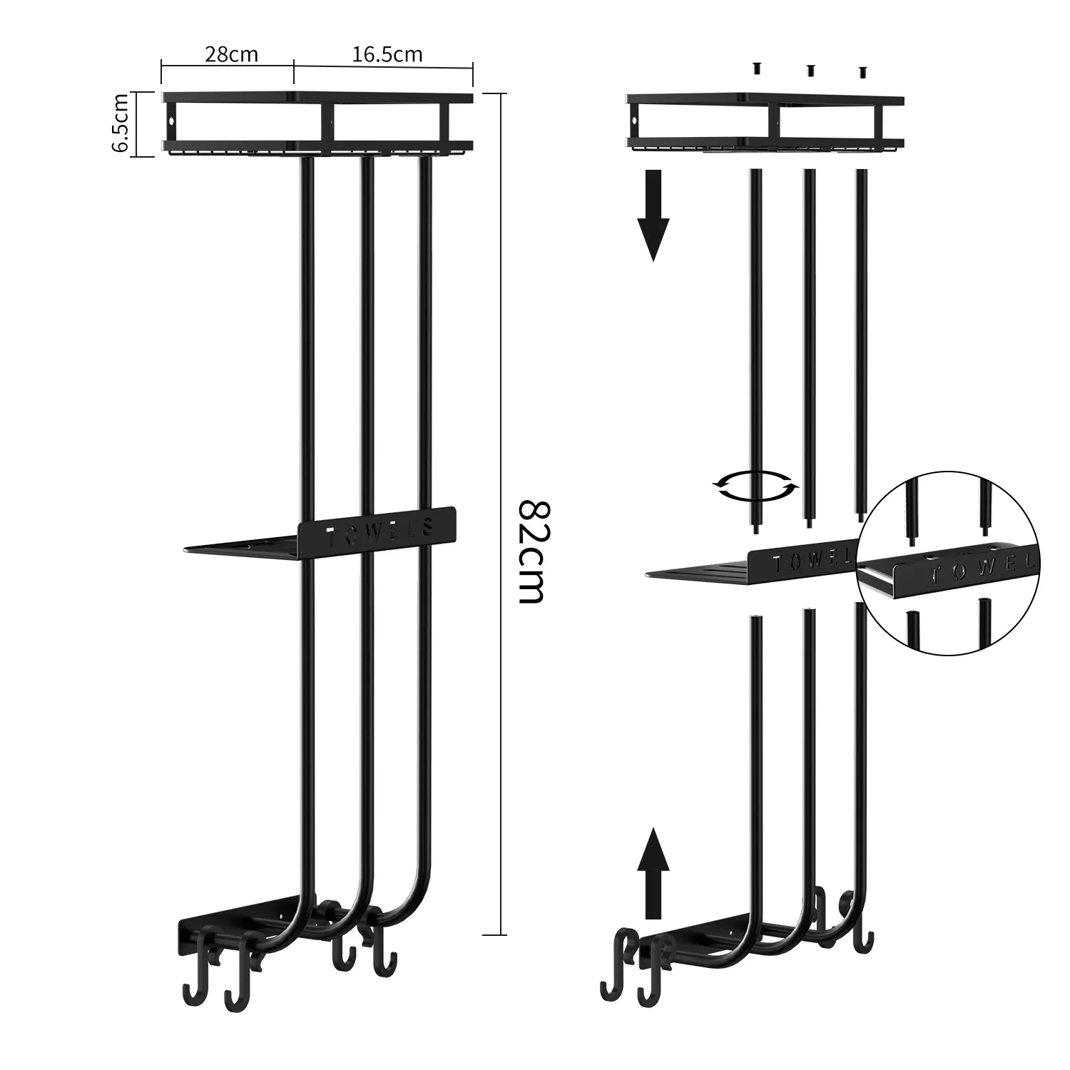 Towel Rack Wall Mounted for Bathroom Aluminum matt three-layer black towel rack