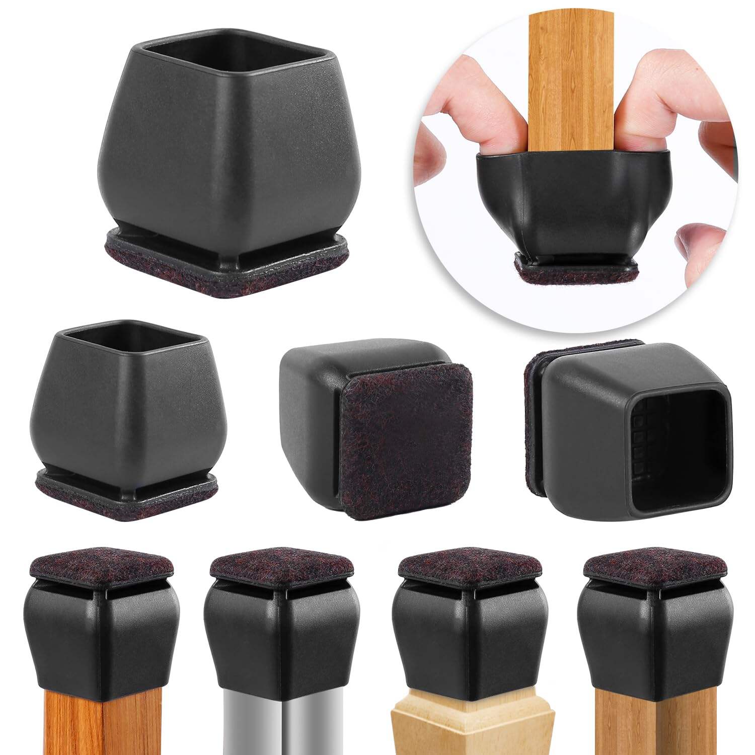 24 PCS Square Silicone Chair Leg Floor Protectors, Felt Furniture Pads, Bar Stool Leg Floor Protectors for Chairs, Chair Leg Caps Covers, Chair Socks Sliders for Wood Floors (Fit 0.8