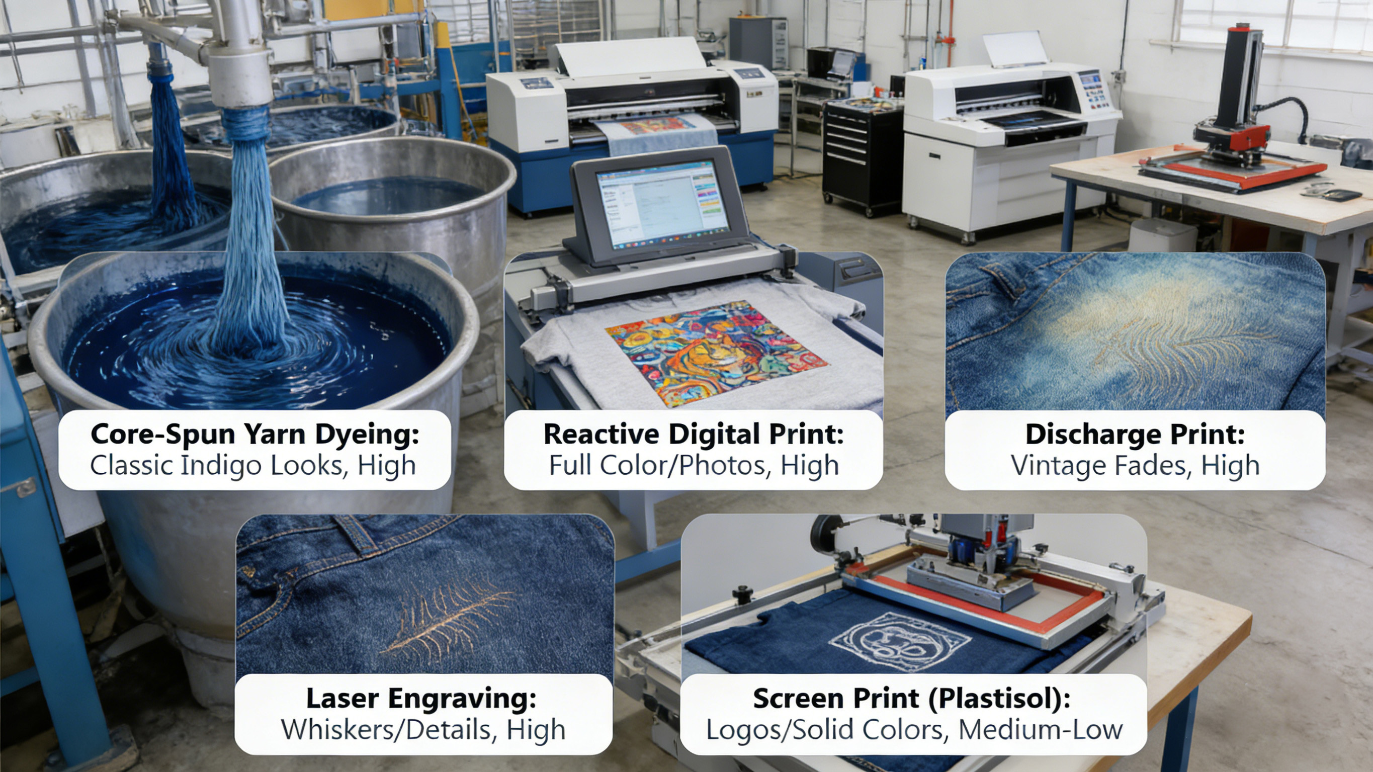 What printing and dyeing techniques are suitable for high-stretch denim fabrics?