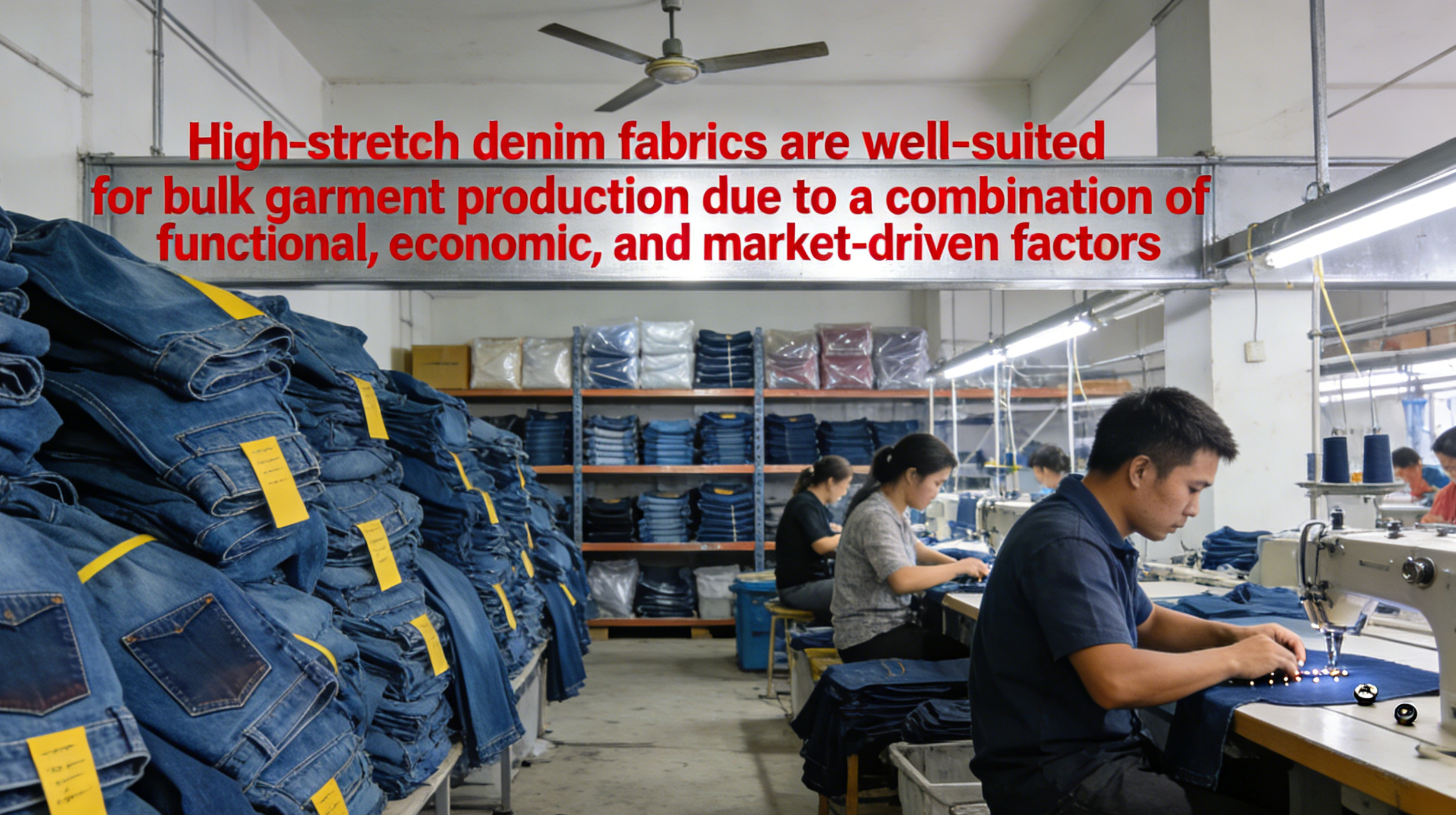 What factors make high-stretch denim fabrics suitable for bulk garment production?