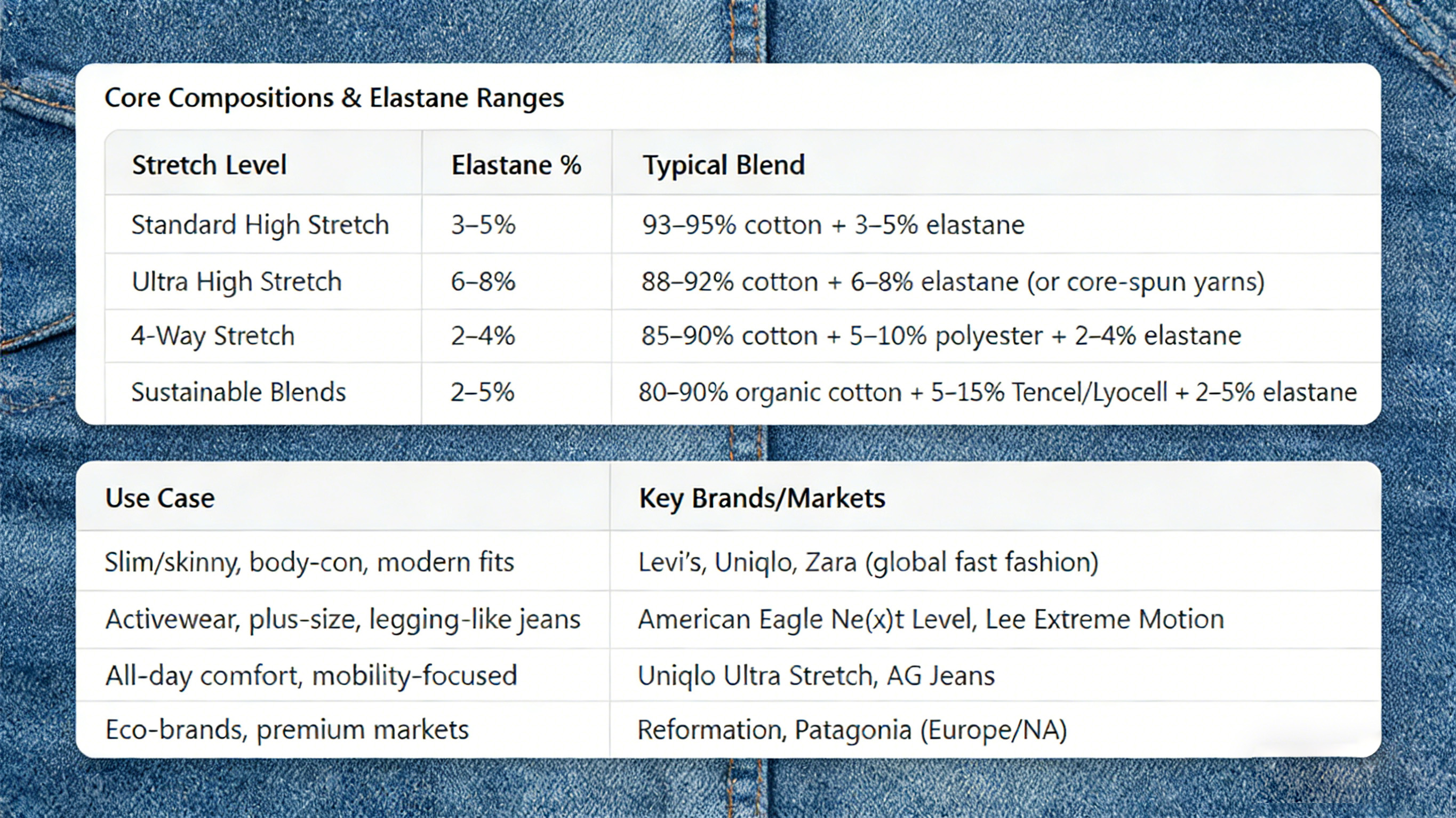 Which high-stretch denim specifications are popular in global garment supply chains?