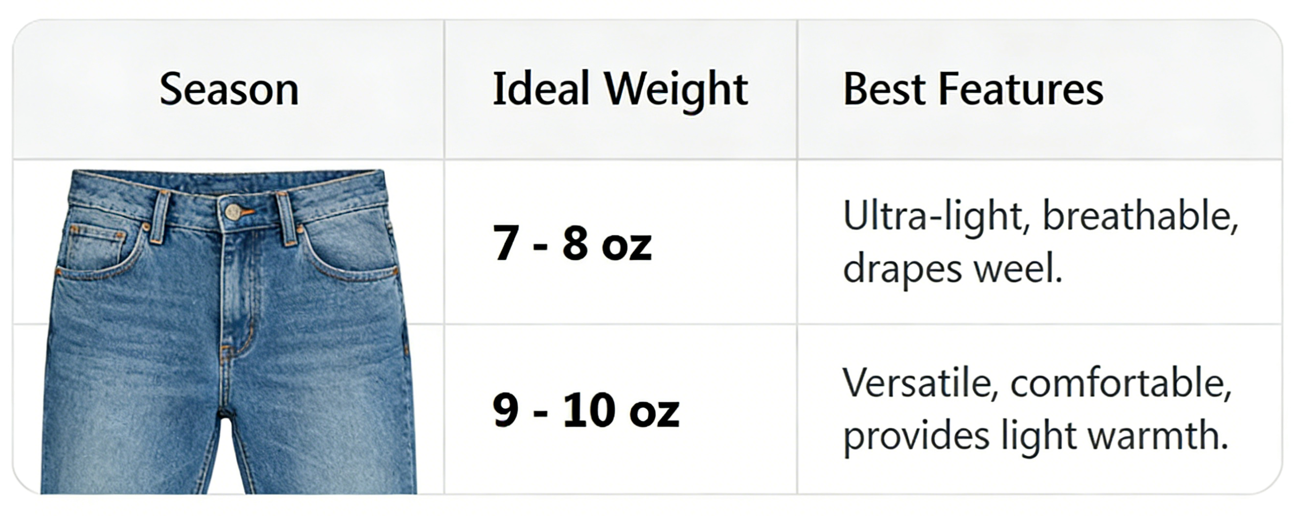 What weight of high-stretch denim is ideal for spring and summer apparel?