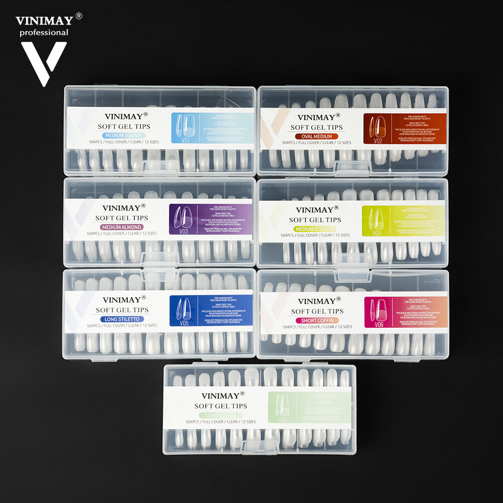 Vinimay Soft Gel Nagletips – 7 stilarter, gennemsigtige, mandelformede, stiletto-, firkantede, ovale og kisteformede nagletips til fuld dækning, 504 stk./æske