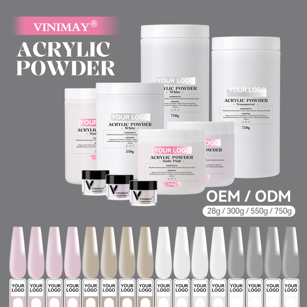 Vinimay OEM -suurikapasiteettinen akryylipohjainen kynsijauhe eri pakkauskokoissa (28 g / 300 g / 550 g / 750 g), yksilöllinen oma brändi -versio