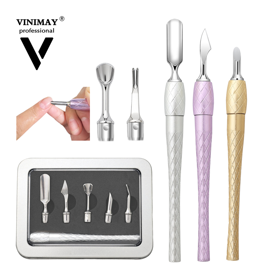 Set de instrumente Vinimay pentru împingerea cuticulei unghiilor, 5 bucăți, capete de înlocuire în aur, argint și violet, 3 culori, mânere antiderapante