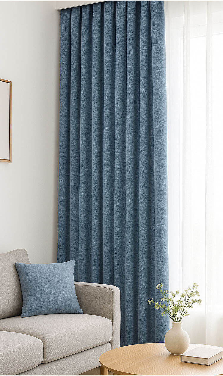 Blue linen-look mini-jacquard blackout curtains in living room, neat pleats and balanced shading