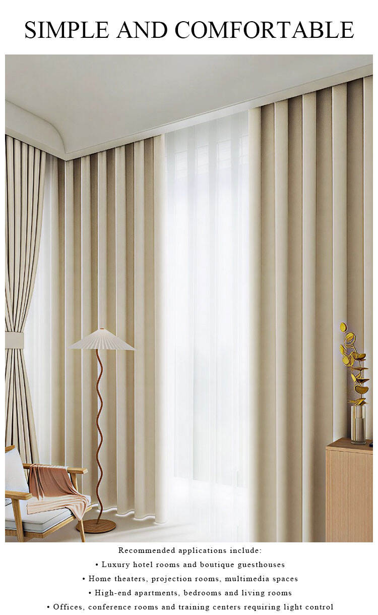 Beige blackout curtains layered with sheer white drapes, clean modern interior with soft light control