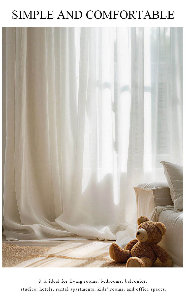 White sheer curtains in a bright bedroom, FRV0068-31 terylene voile creating soft light and a calm atmosphere
