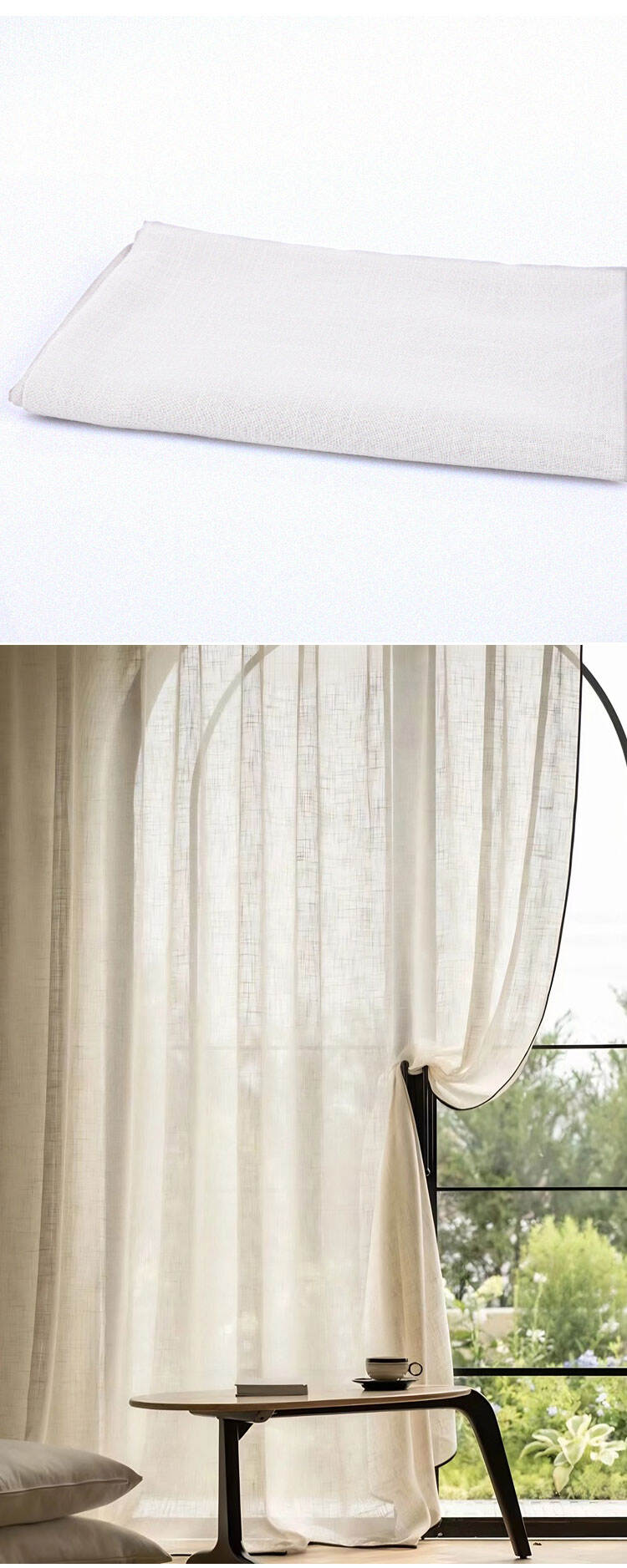 Light beige bamboo pattern sheer curtains softly flowing by an arched window, creating natural light balance and elegant drape.
