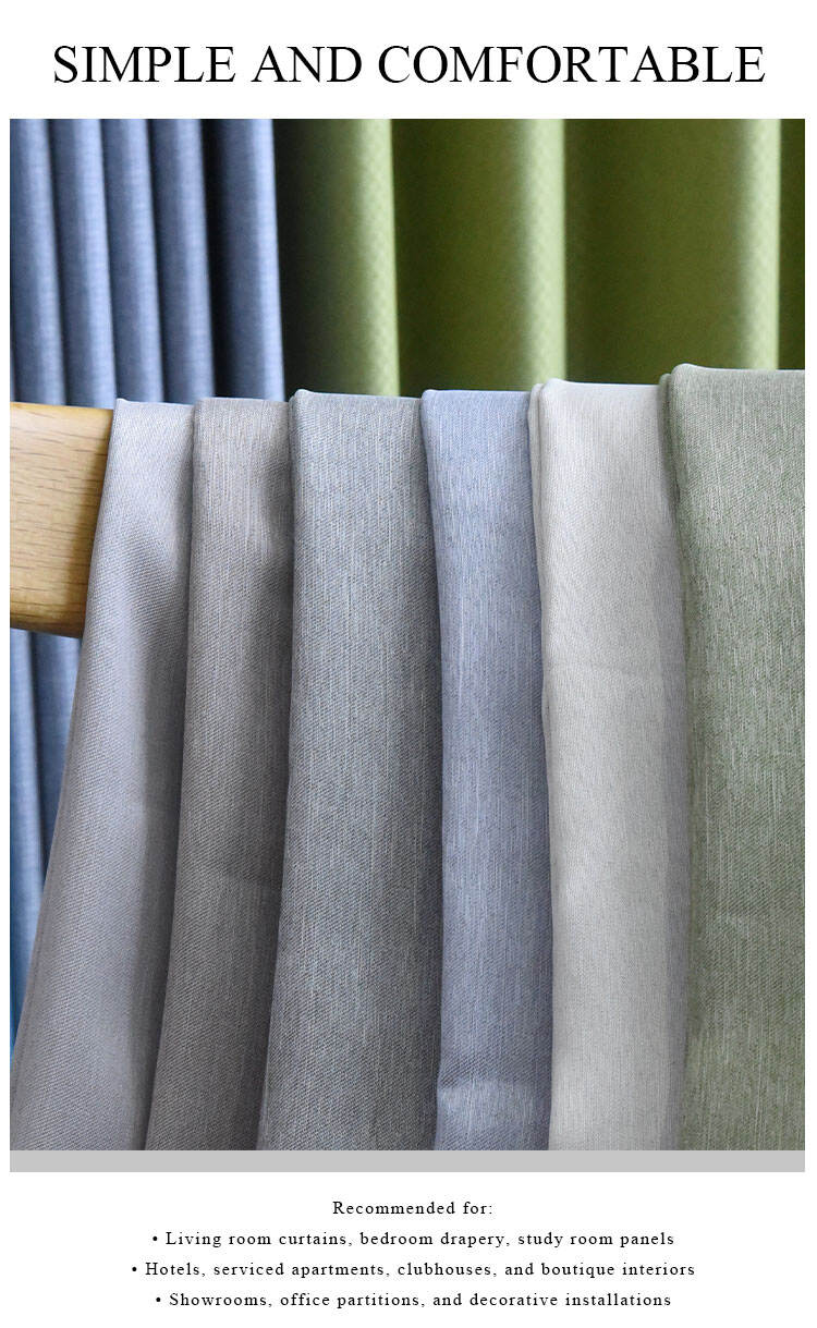 Linen-look oxford curtain fabric in multiple colorways draped over a wooden rod, shown with blue and green curtains in the background.