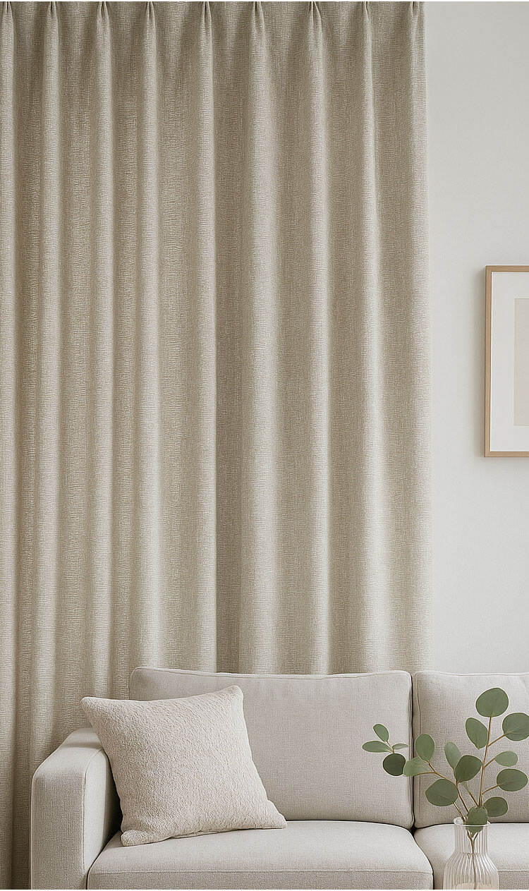 Heavy-slub curtain fabric color card with multiple swatches displayed on a tabletop sample book.