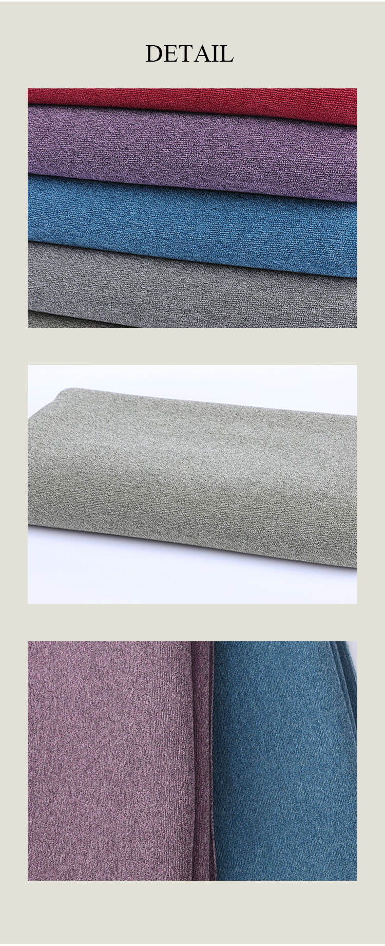 Chenille blackout fabric details—stacked colors, roll view, and close-up surface grain showing rich texture
