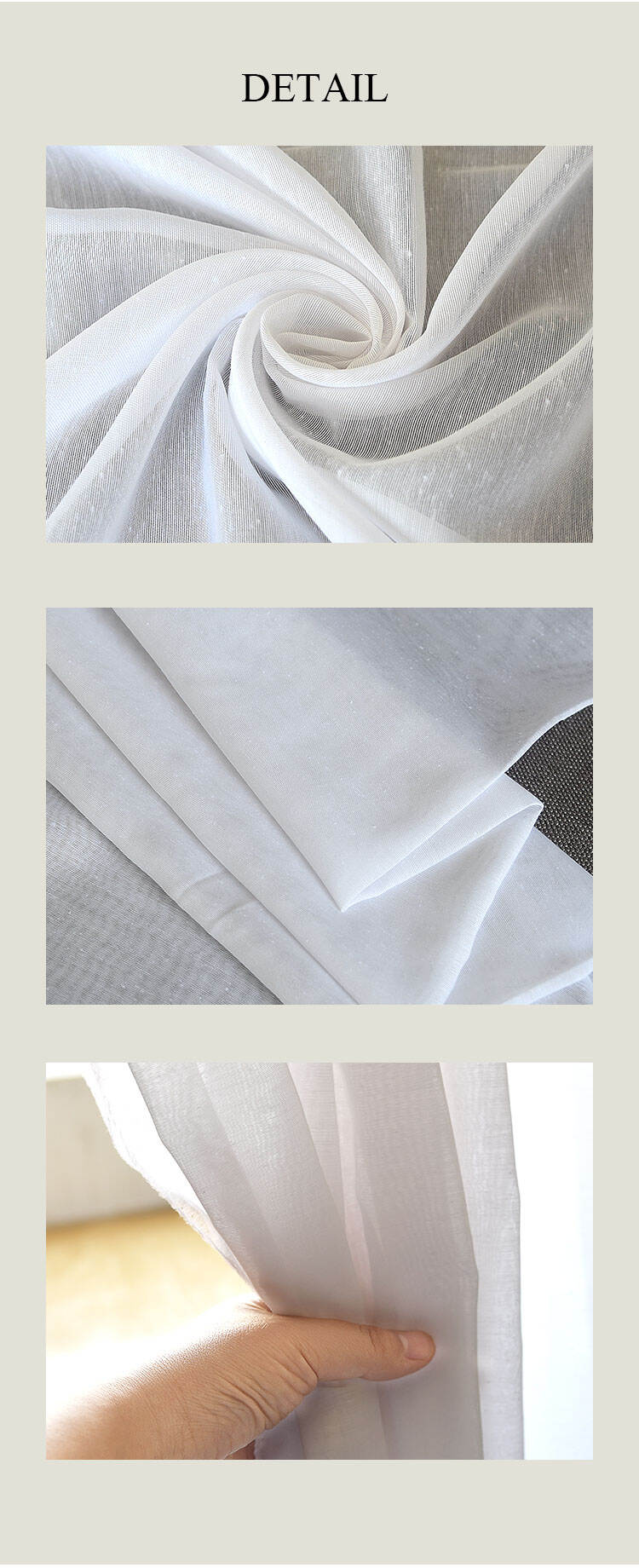 sheer fabric details—spiral drape, folded layers, and hand-feel demo showing smooth, light mesh texture