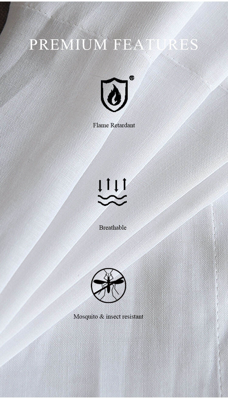 Premium features of C009 polyester sheer fabric shown with icons: flame retardant, breathable, and mosquito & insect resistant.
