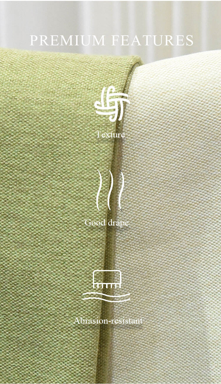 Premium features of linen-look oxford fabric—texture, good drape, and abrasion resistance—shown on green and off-white fabric rolls.