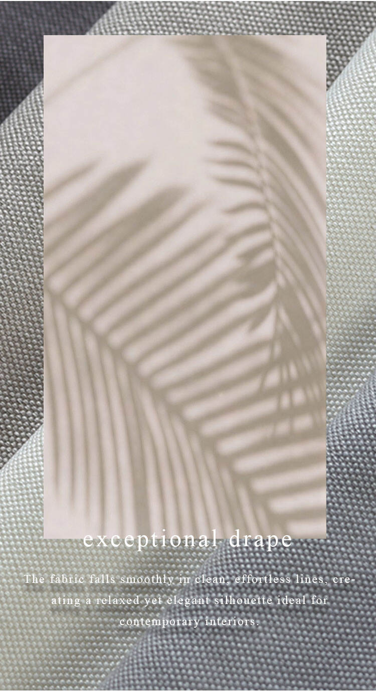 “Exceptional drape” concept image with soft leaf shadow and linen-look oxford fabric texture background.