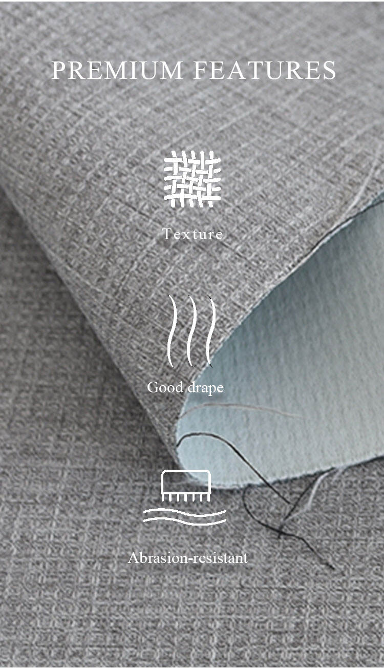 Premium features of mini-check curtain fabric—textured surface, good drape, abrasion-resistant performance