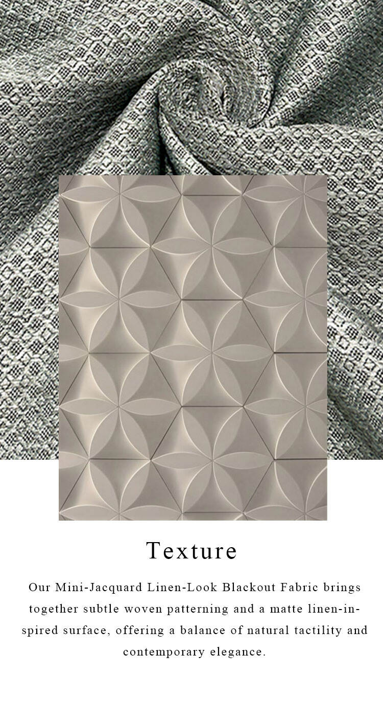Texture concept—mini-jacquard linen-look blackout fabric with subtle woven pattern and modern geometric inspiration