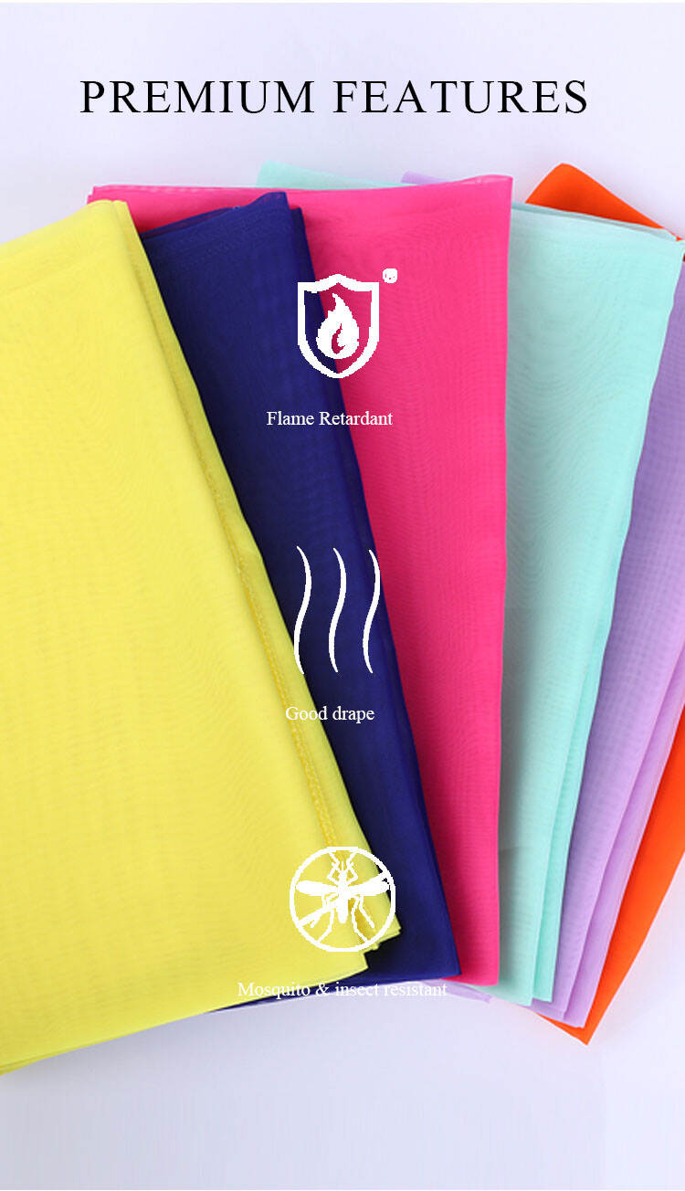 ：Premium features of terylene sheer curtain fabric: flame retardant, good drape, and mosquito & insect resistant (icon highlights).
