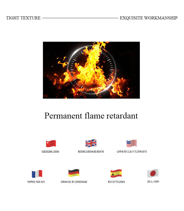 Permanent flame-retardant sheer curtain fabric with certification standards icons, designed for safety and long-lasting performance.