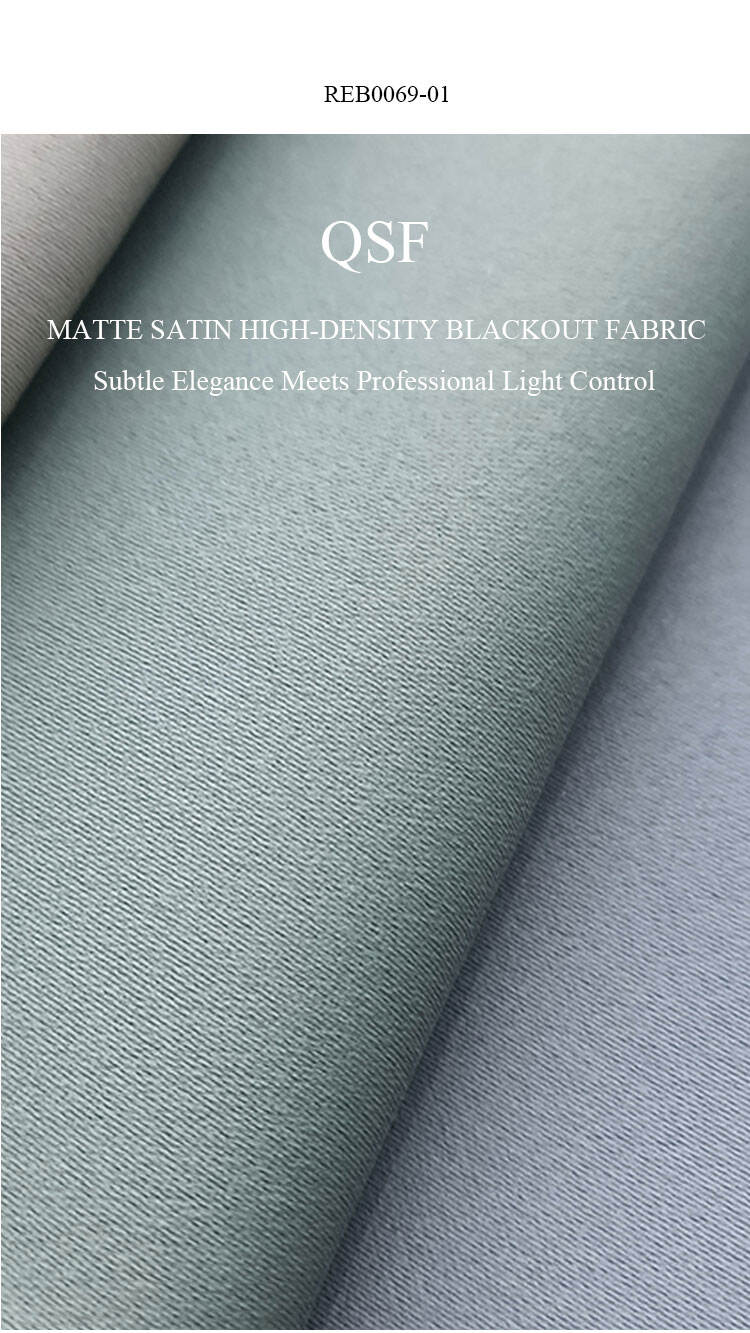 QSF matte satin high-density blackout fabric REB0069-01, close-up of smooth woven texture in grey-blue tone