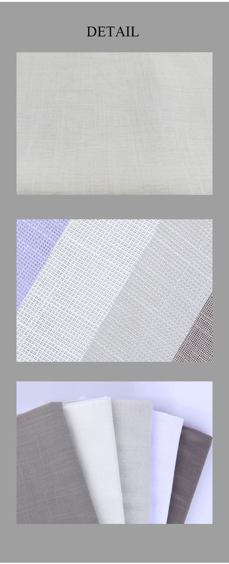 Bamboo slub sheer fabric details showing close-up weave texture, breathable structure, and multiple neutral color options stacked together.