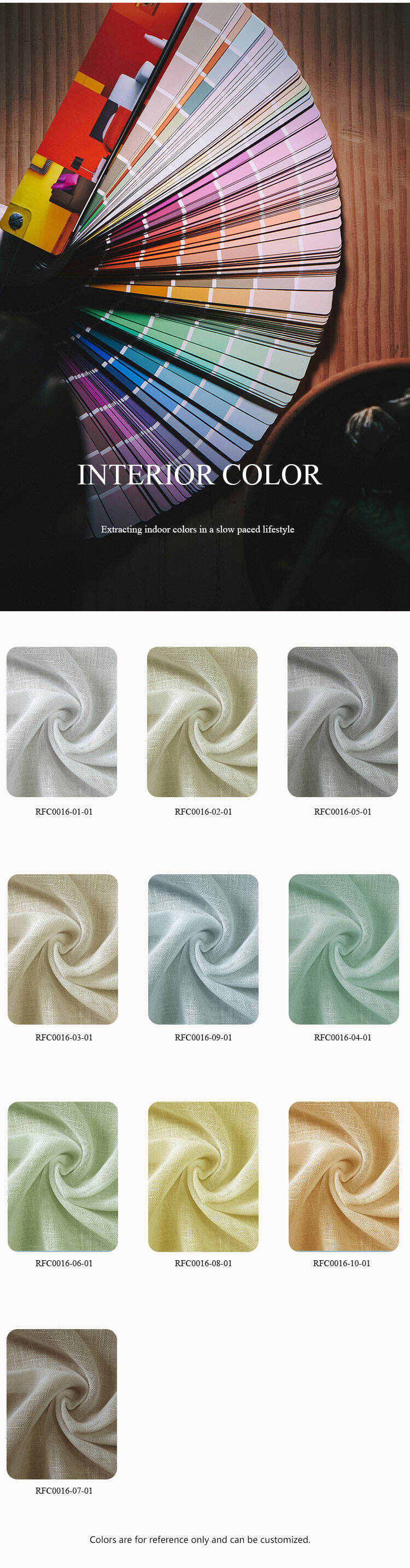Interior color collection for RFC0016 yarn-dyed sheer fabric, showing ten customizable shades from beige to sage green.