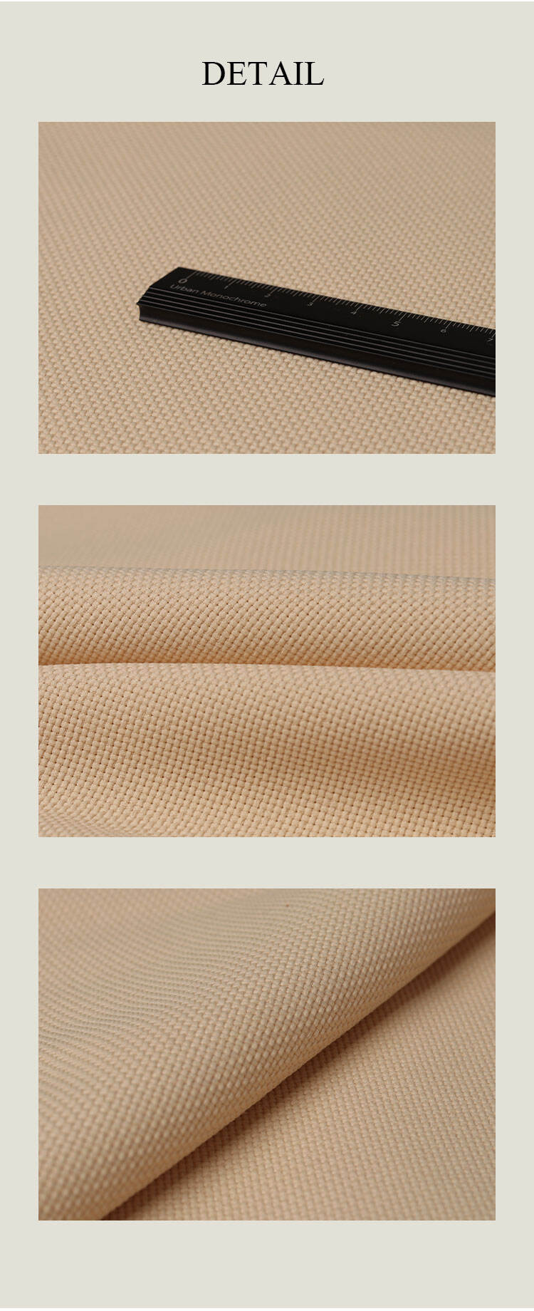 Detail views of checkerboard textured curtain fabric—ruler scale and close-up folds showing raised texture