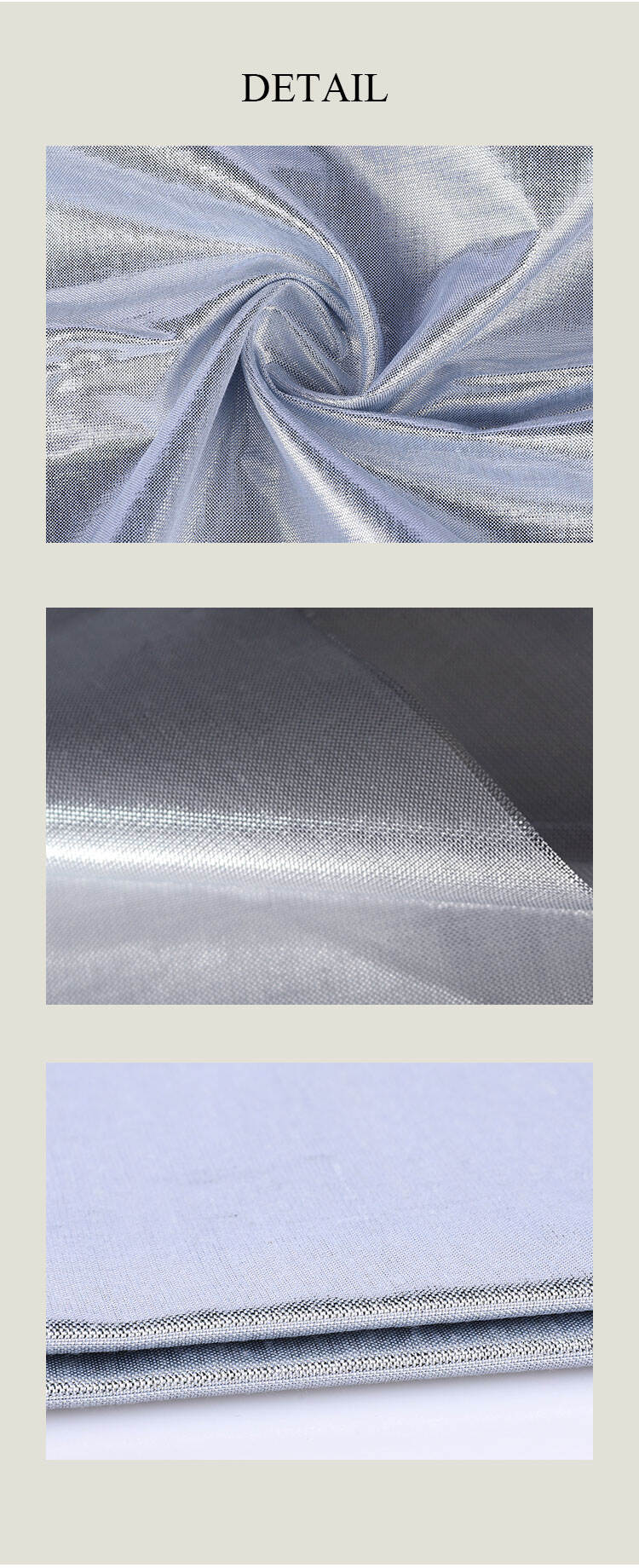 Detail views of lurex glitter fabric: twisted drape texture, metallic sparkle close-up, and clean folded edge.