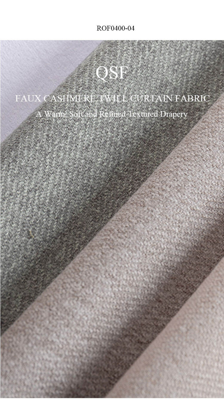 Close-up of QSF Faux Cashmere Twill curtain fabric, showing warm twill texture and refined surface.