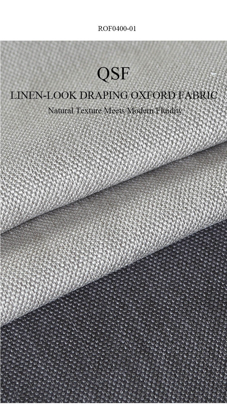 Linen-Look Draping Oxford Fabric, close-up of textured weave in grey and charcoal tones.