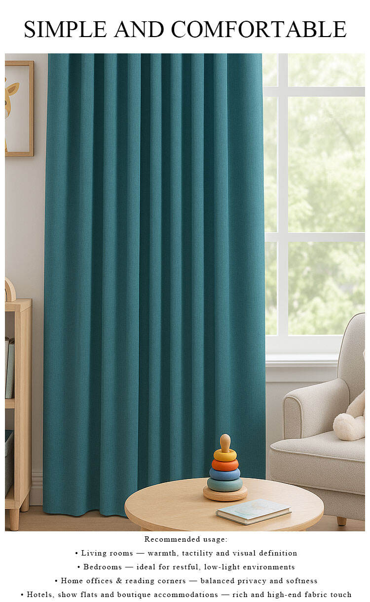 Teal chenille curtains on window, full drape and cozy look for living room or bedroom styling