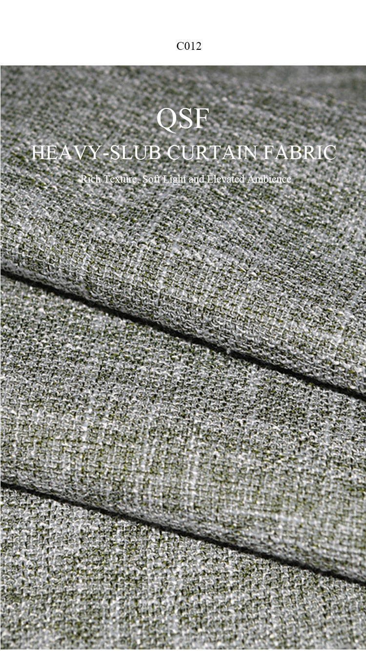 Heavy-Slub Curtain Fabric close-up, rich textured weave in grey-green tone.