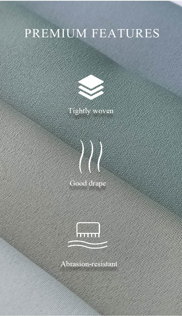 Premium features of blackout curtain fabric—tightly woven, good drape, abrasion-resistant matte satin