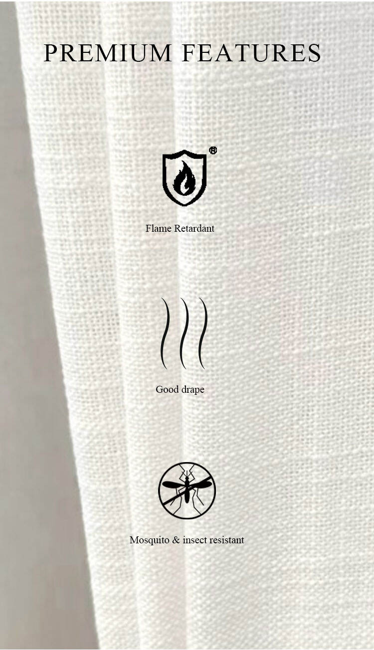 Premium features shown on slub sheer curtain fabric: flame retardant, good drape, and mosquito & insect resistant.