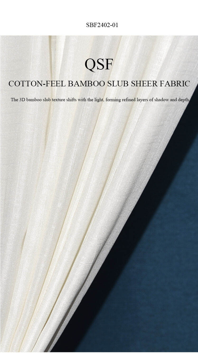 QSF SBF2402-01 cotton-feel bamboo slub sheer fabric, 3D slub texture close-up for soft light diffusion and gentle privacy.