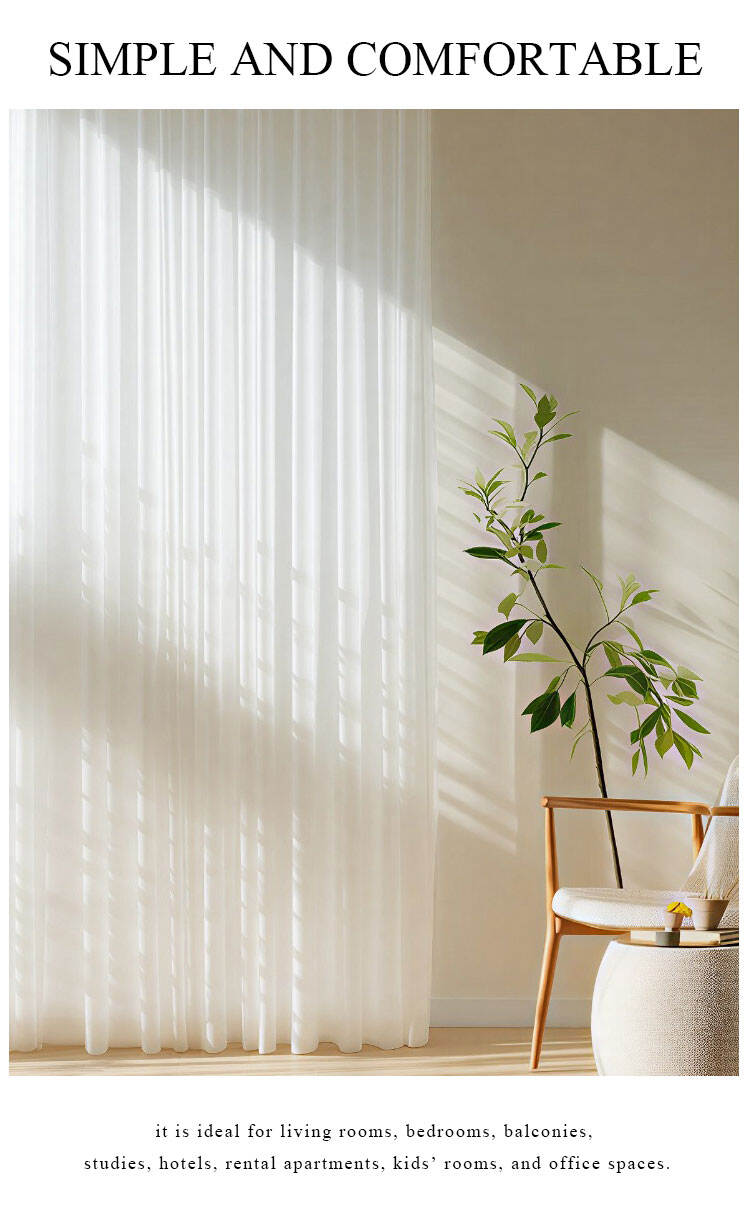 Sheer voile curtain panels filtering sunlight in a minimalist room, creating soft light diffusion and an airy drape.