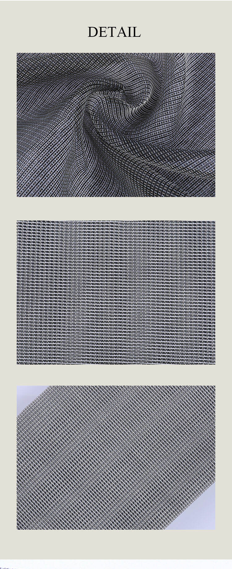 Sheer fabric details collage: swirl drape, clean hem edge, and hand-held transparency showing lightweight mesh.