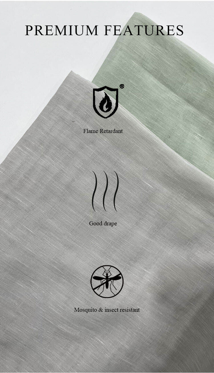 Premium features of QSF yarn-dyed sheer curtain fabric — flame retardant, good drape, mosquito and insect resistant.