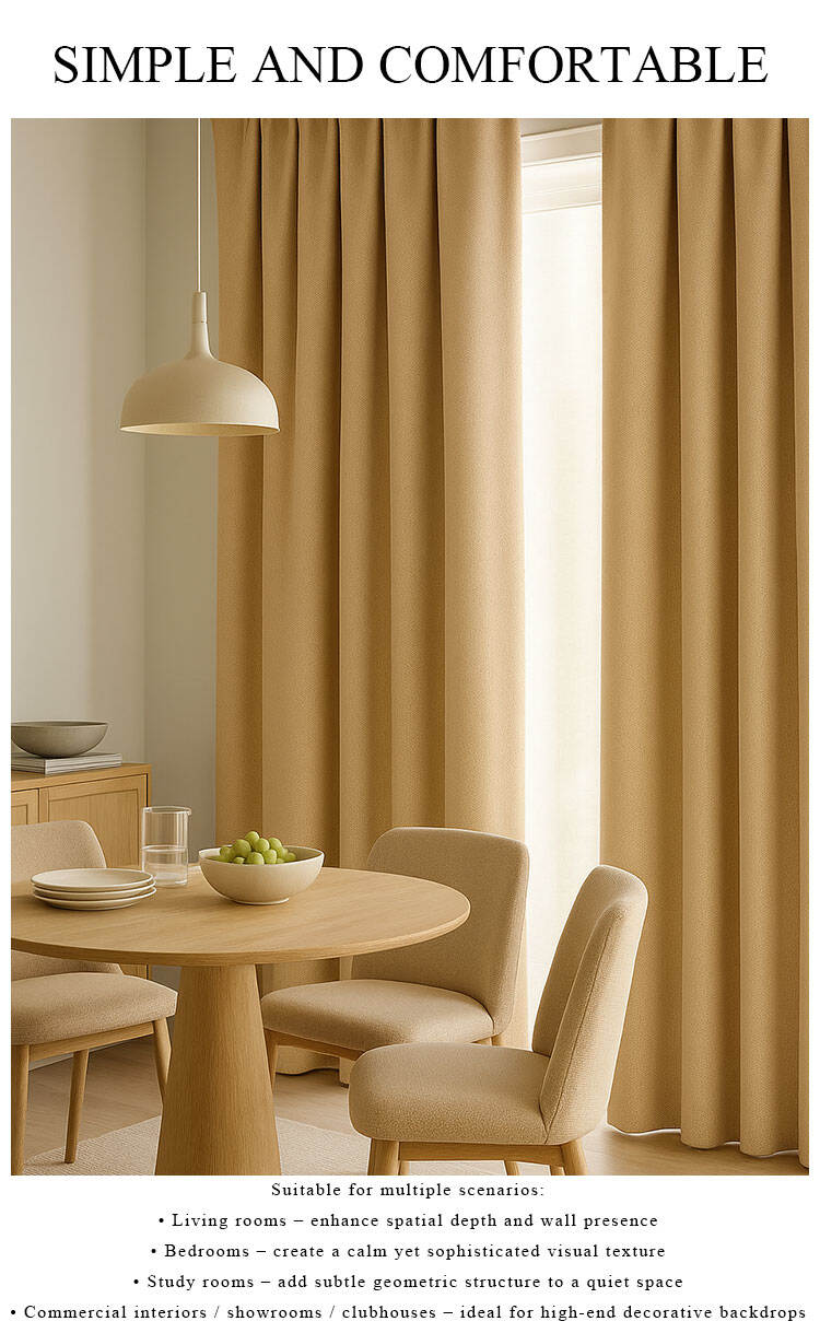 Neutral beige textured curtains in a modern dining room, soft drape and warm minimalist styling