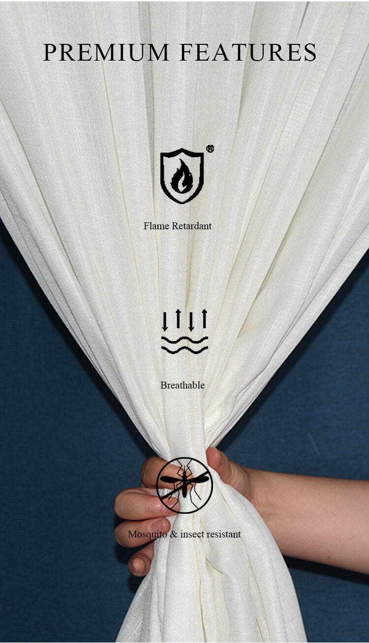 Premium features of bamboo slub sheer fabric shown with icons: flame retardant, breathable, and mosquito & insect resistant.