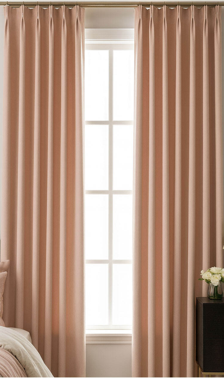 Blush pink chenille curtains in bedroom, soft folds and warm premium drapery look