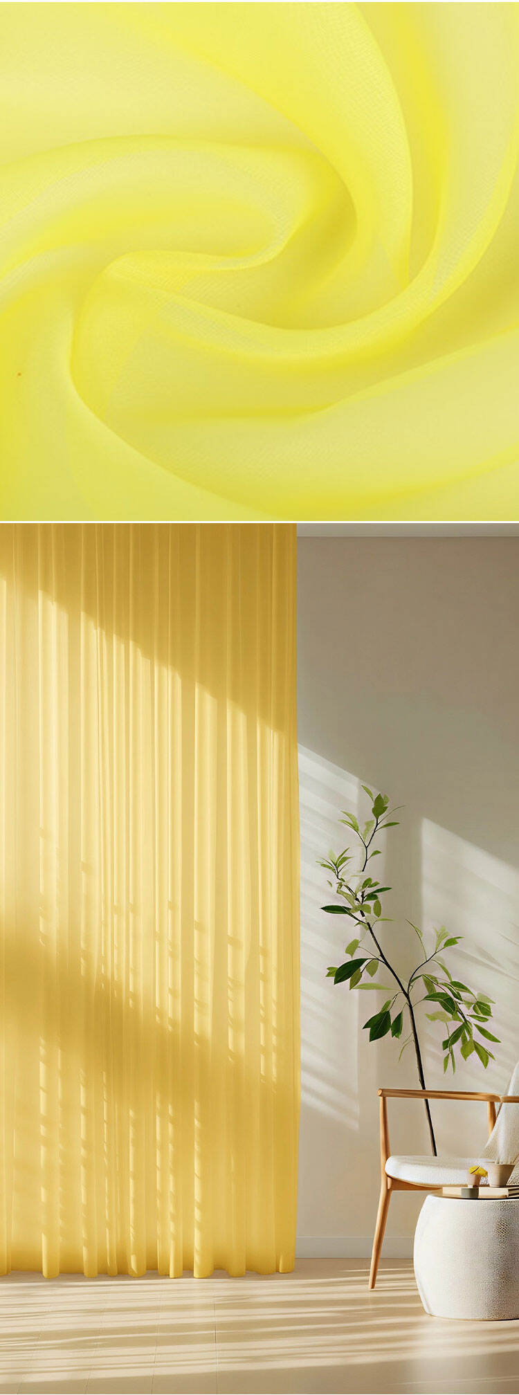Yellow terylene sheer fabric close-up with spiral folds, plus a matching yellow sheer curtain scene showing bright, softened daylight.