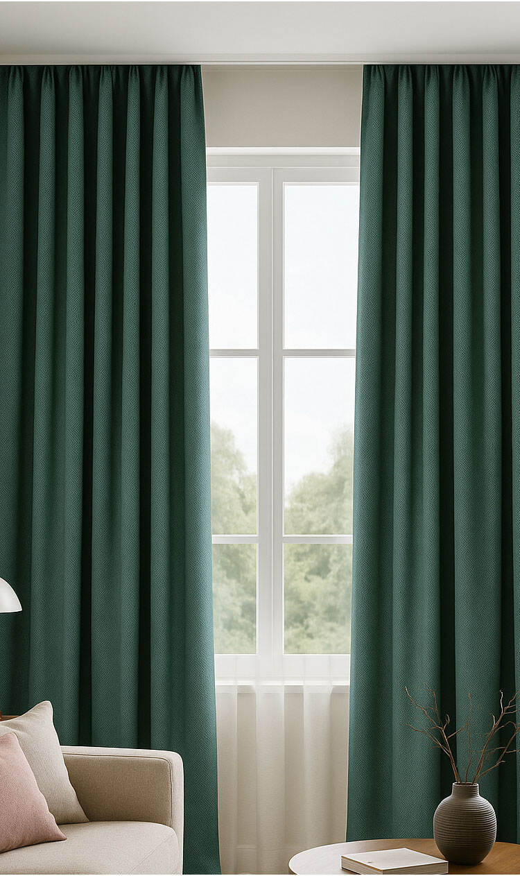 Deep green brocade-linen blackout curtains layered with sheer, elegant pleats and balanced light control