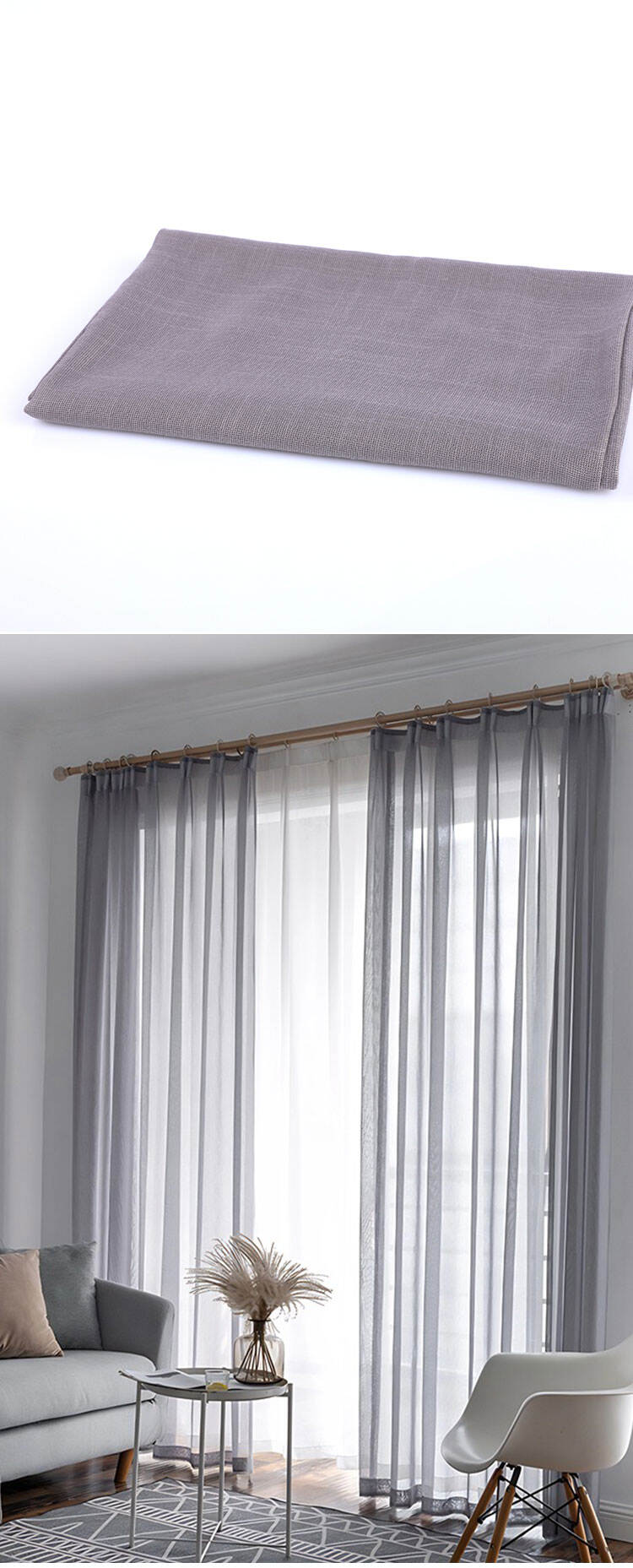 Dark grey bamboo pattern sheer curtains paired with minimalist furniture, blending warmth and sophistication in modern interiors.