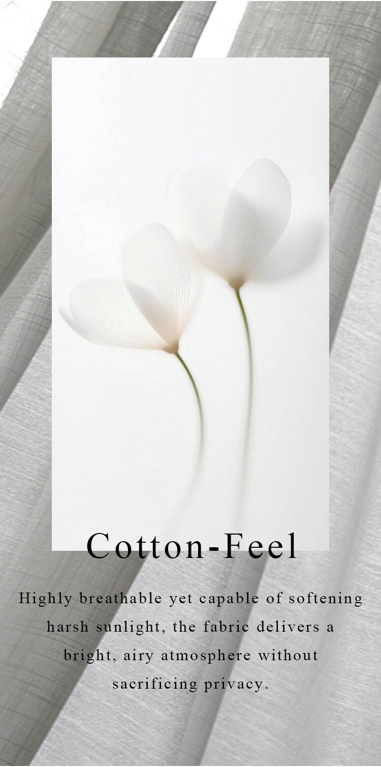 Cotton-feel bamboo slub sheer fabric lifestyle poster, highly breathable sheer that softens harsh sunlight while maintaining privacy.