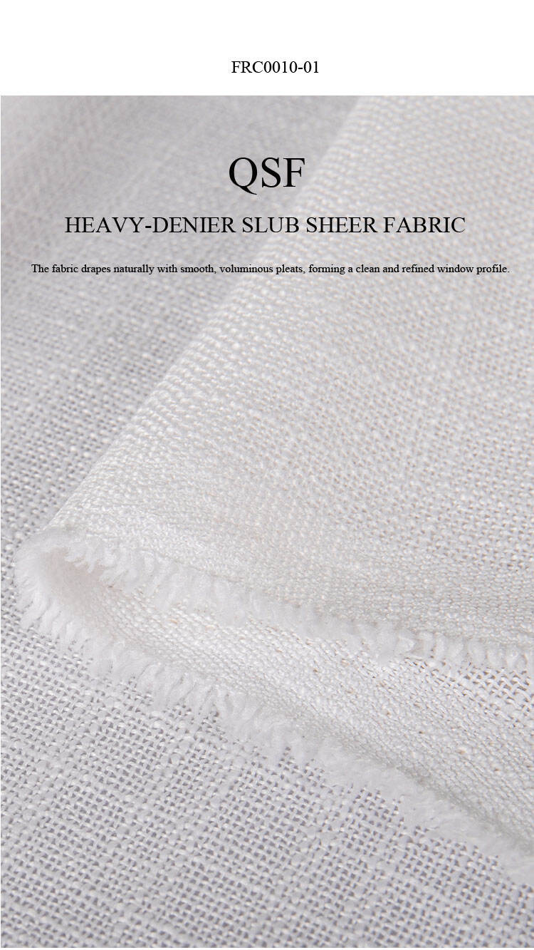 QSF FRC0010-01 heavy-denier slub sheer fabric close-up with textured weave and fringed edge, designed for elegant drape and soft privacy.