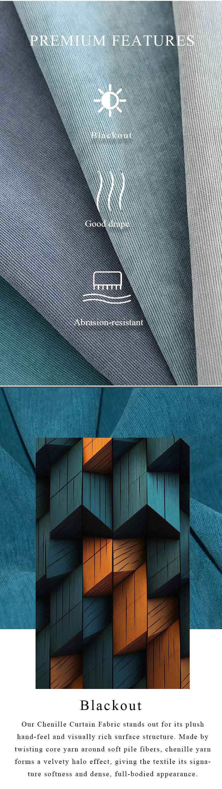 Premium features of chenille curtain fabric—blackout performance, good drape, abrasion-resistant plush texture