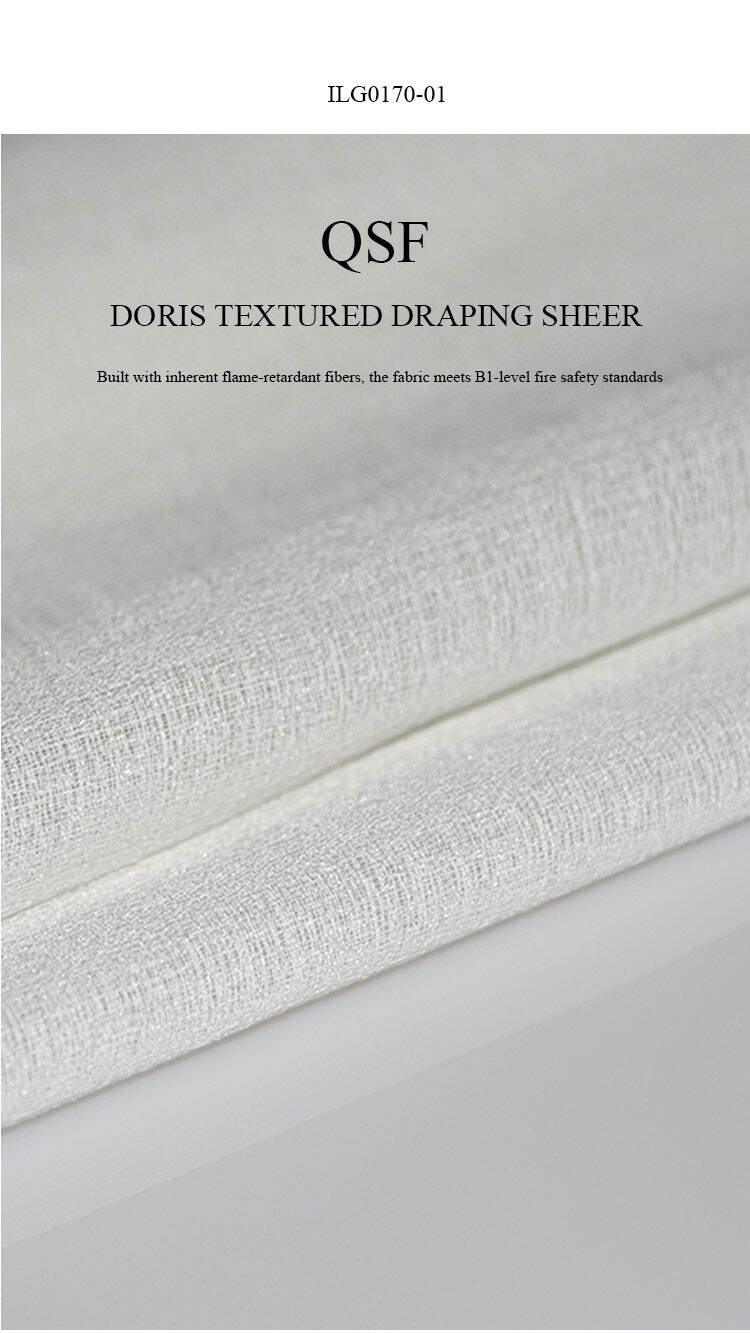 QSF ILG0170-01 Doris textured draping sheer fabric close-up, soft linen-look weave with inherent flame-retardant fibers meeting B1-level safety standards.