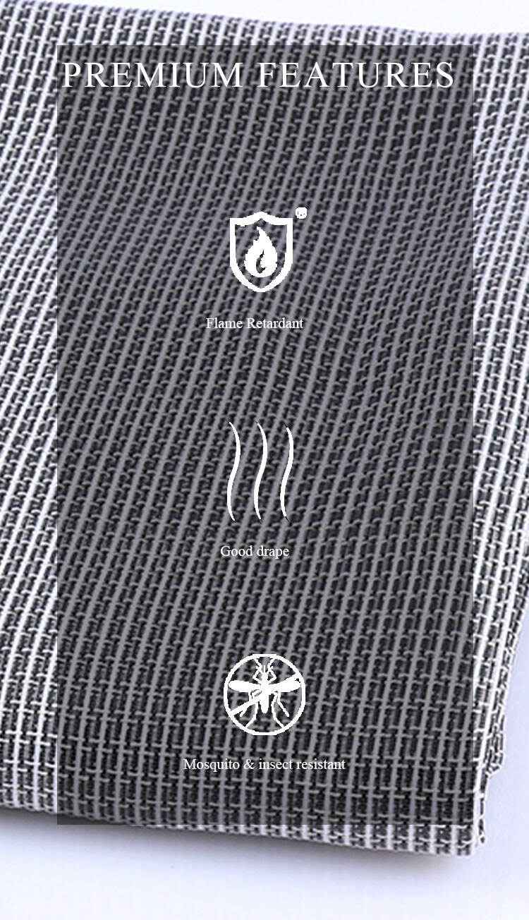 Premium features of sheer curtain fabric shown with icons: flame retardant, good drape, and mosquito & insect resistant.